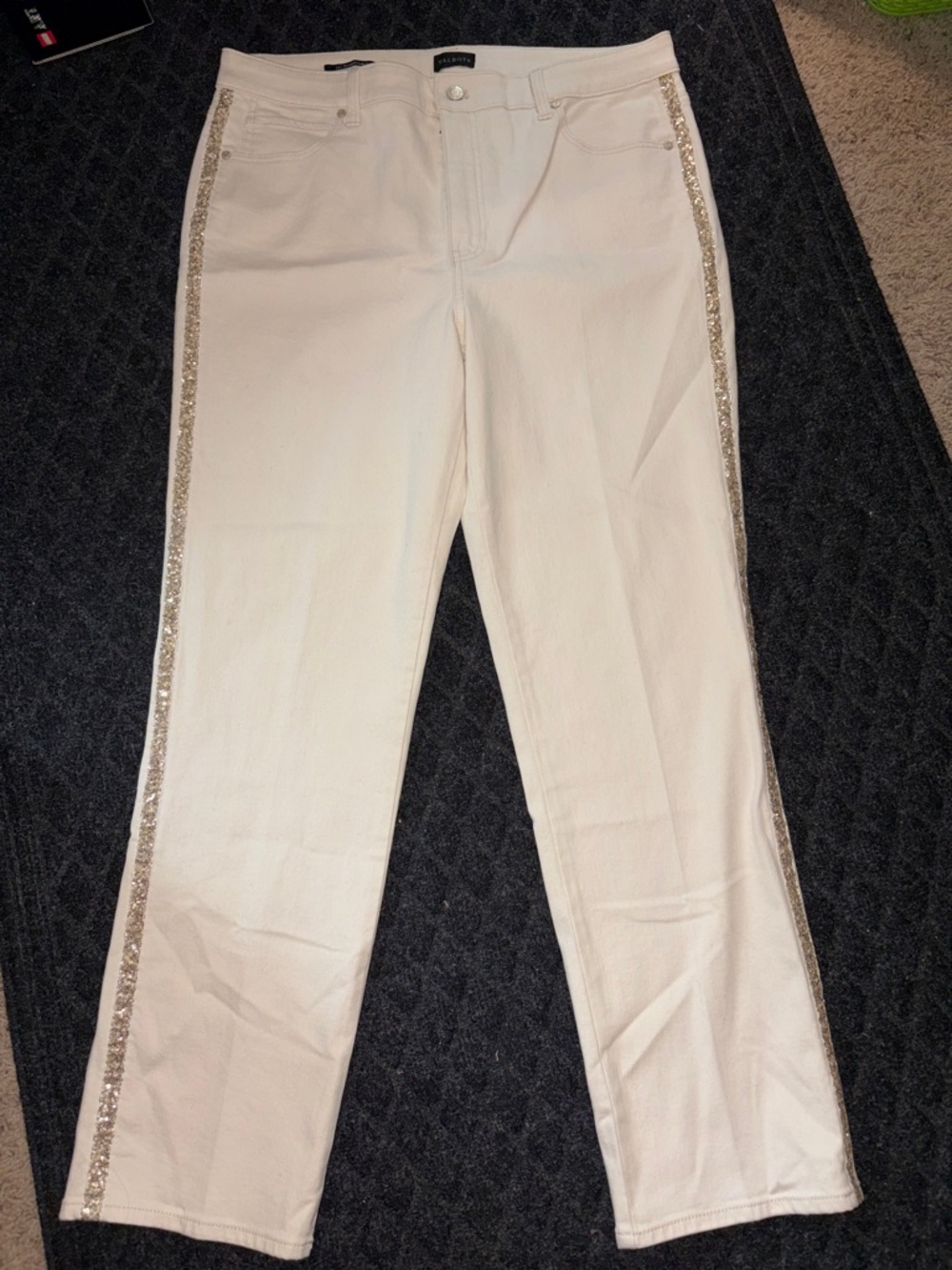 Talbots Off-White Straight Leg Jeans With Gold sequins down the sides size 14